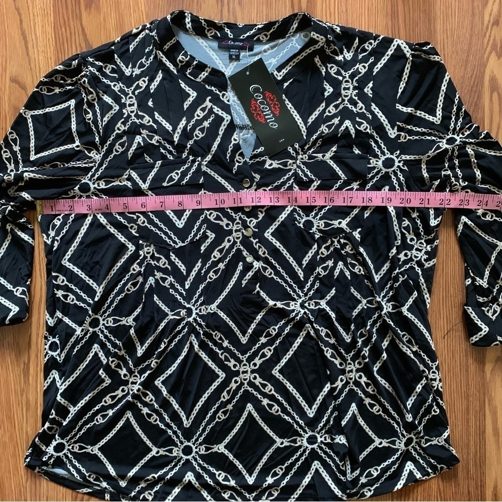 COCOMO XL Black Beige 3/4 sleeve women's Pintuck Blouse tunic shirt - Picture 12 of 12